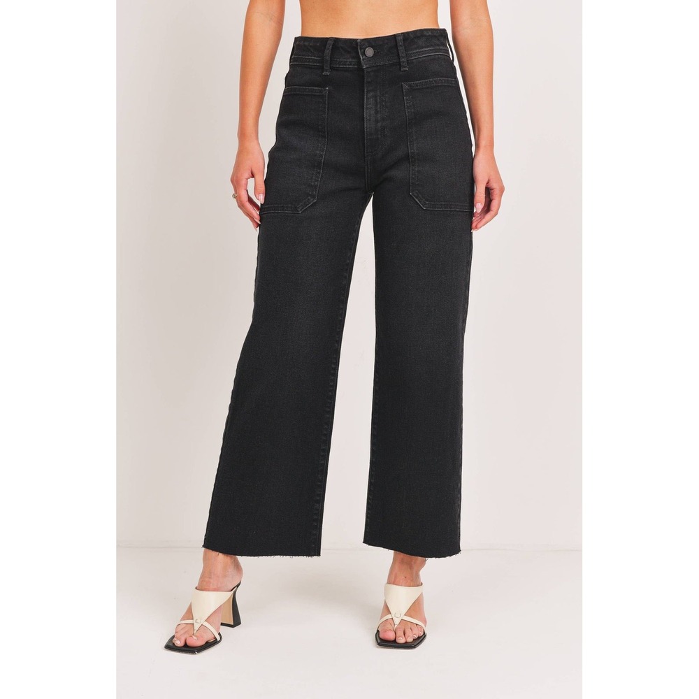 Just Black Denim Womens Wide Leg Utility Patch Pocket Jeans Raw Hem Black 27